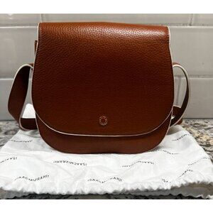 Isaac Mizrahi Crossbody Saddle Bag Leather‎ & Faux Leather Brown & White